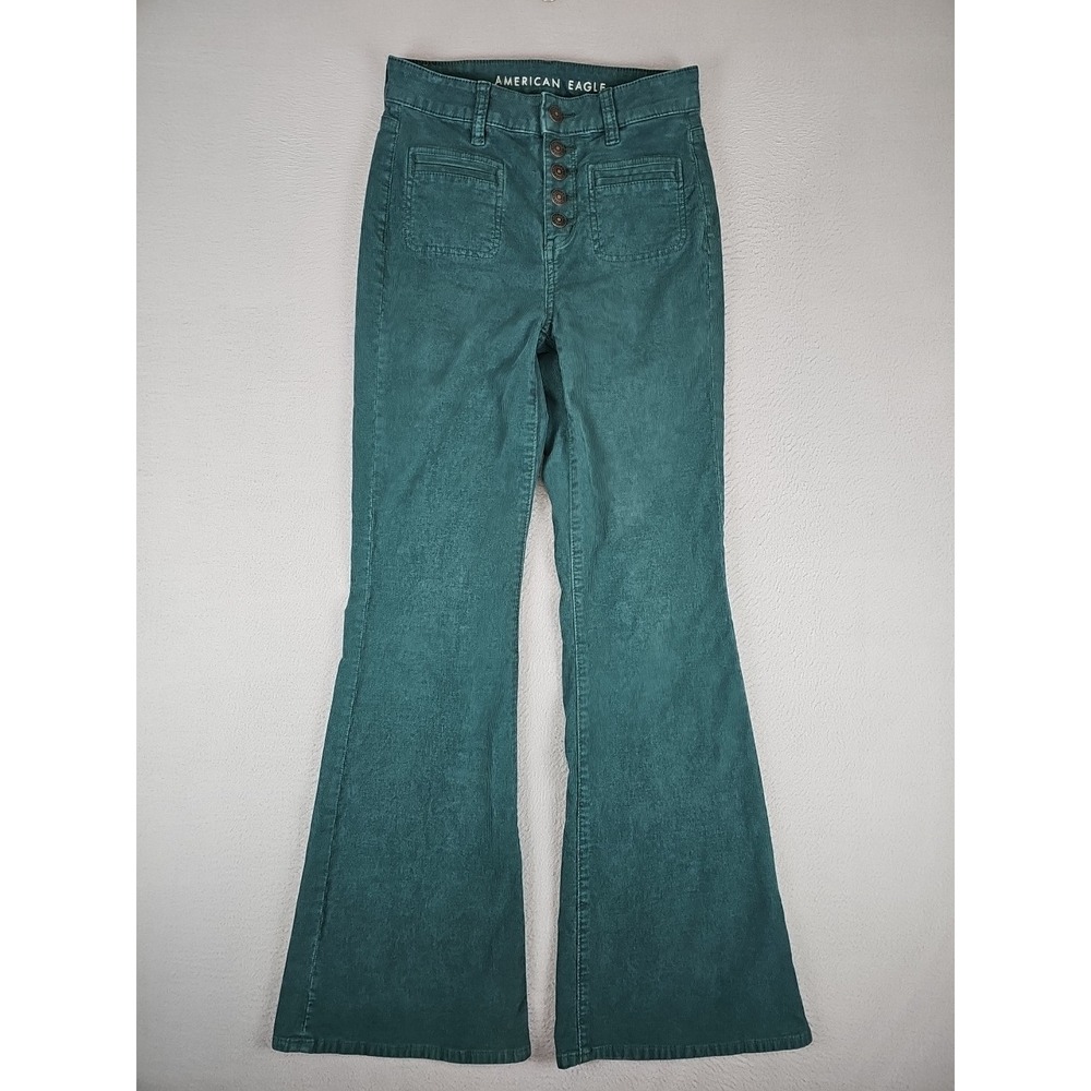 American Eagle Pants Women's Size 0 26x30 Green Super High Rise Flare Corduroy - Picture 1 of 7